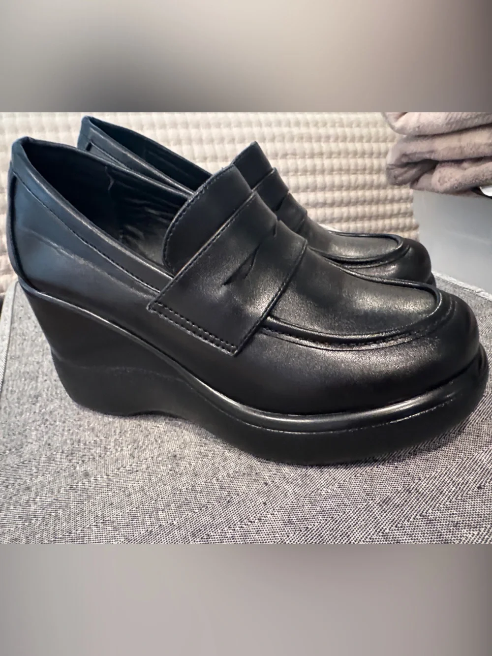Classic Black Leather Penny Loafers for Woman high wedge size 7